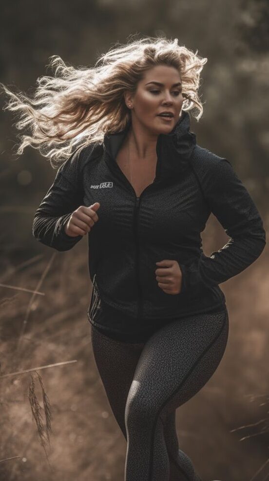 Kelly jogging outdoors on a natural path, wearing a black athletic jacket and leggings, with her hair flowing behind her.